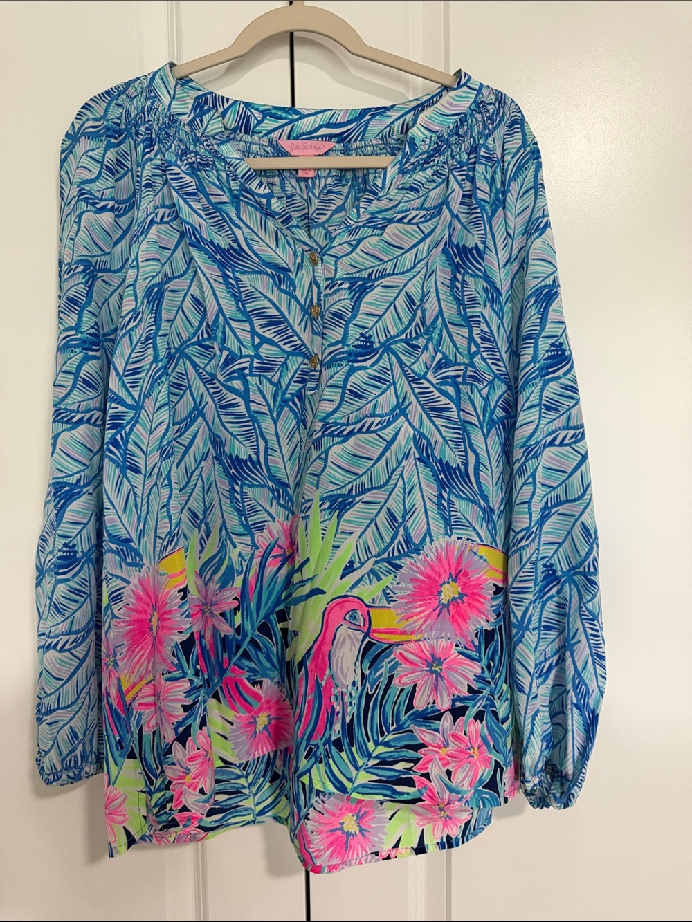 Lilly Pulitzer Blue Tropical Leaf Tunic with Pink Floral Accents